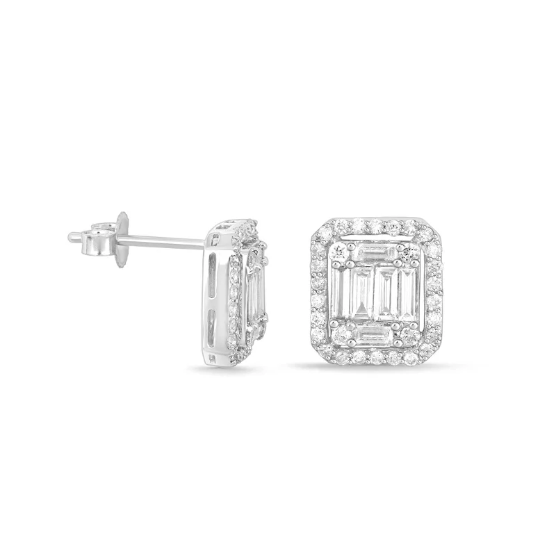 Dot accent earrings-Jumbo Baguette Diamond Halo Stud Earrings 18k