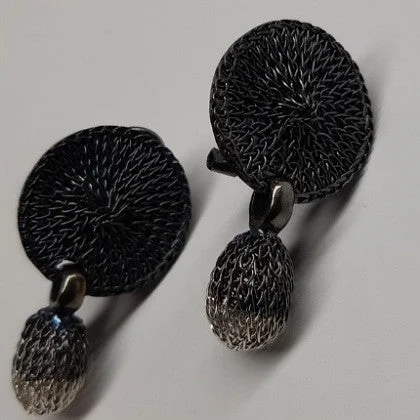 Textured gold earrings-WOVEN MESH BUDS ON DISC EARRINGS