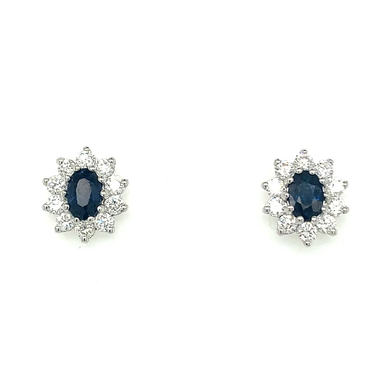 Chevron stud earrings-18ct White Gold Princess Di Style Earth Grown Sapphire and Diamond Earring