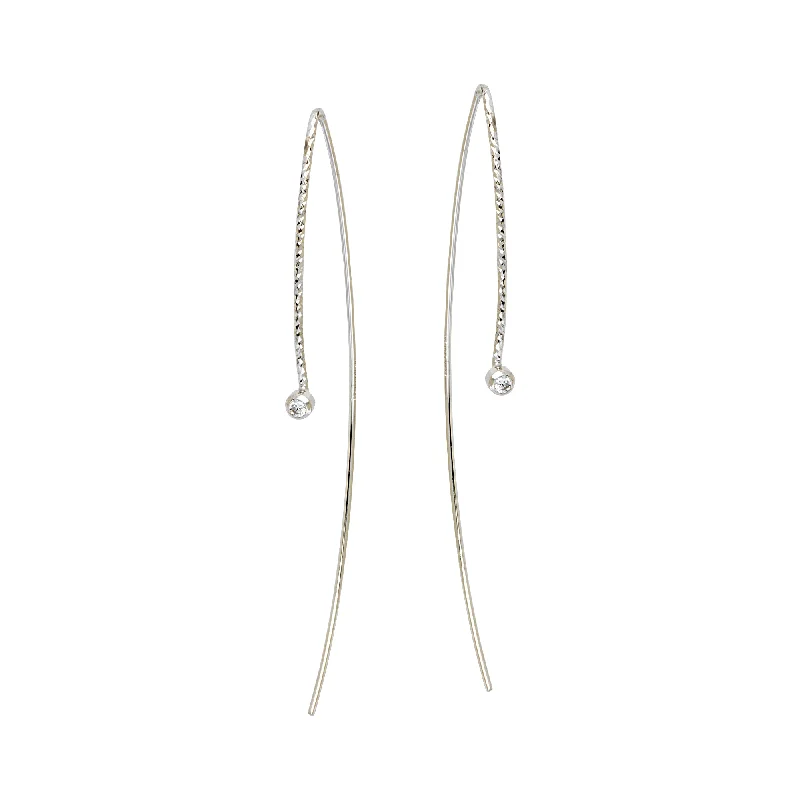 Floral drop earrings-Curved Wire Threader Earrings with Twist CZ Accent Rhodium on Sterling Silver