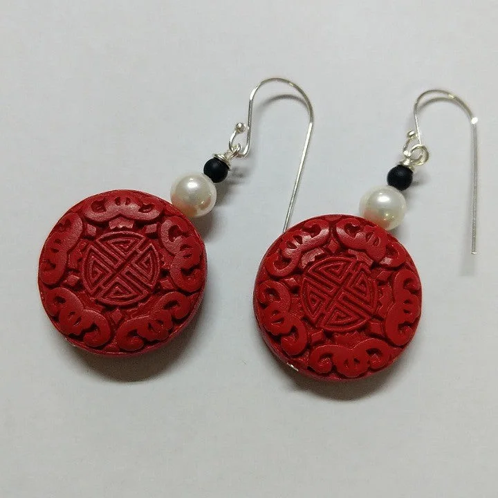 Dot accent earrings-MOKO EARRINGS CARVED RED CINNABAR UNPOLISHED ONYX PEARL