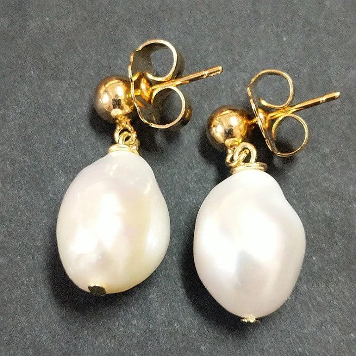 Gold stud earrings-MOKO EARRINGS HANGING BAROQUE FRESHWATER PEARL STUDS