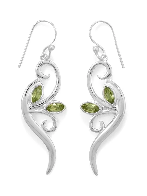 Retro charm earrings-Sterling Silver Vine Leaf and Branch Earrings with Marquise Peridot