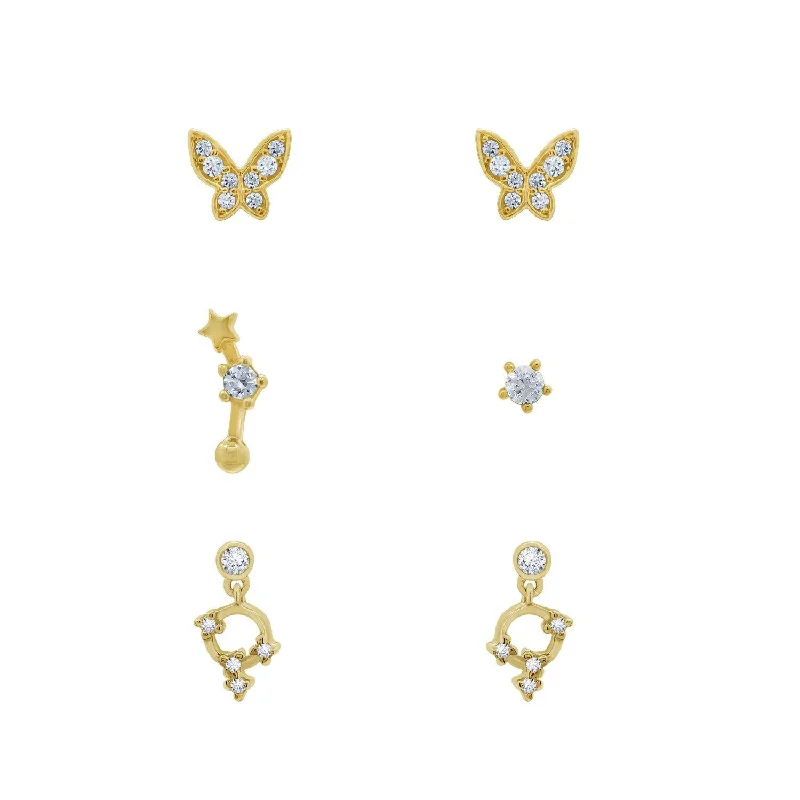 Filigree stud earrings-Minimal Butterfly, Star and Open Circle Earrings Set