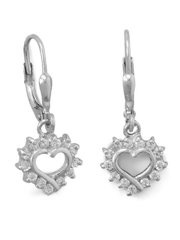 Star motif earrings-Small Dangle Heart Earrings with Cubic Zirconia Rhodium on Sterling Silver