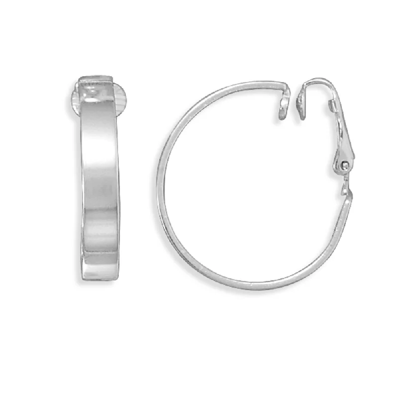 Velvet accent earrings-Flat Hoop Clip On Sterling Silver Polished Earrings