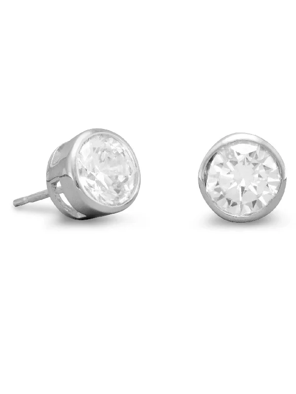 Citrine gem earrings-Bezel Set Round 7mm CZ Post Stud Earrings Sterling Silver