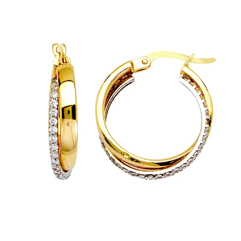 Glass bead earrings-14k Two-tone White and Yellow Gold Hoop Earrings with Cubic Zirconia