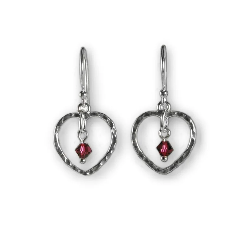 Lace detail earrings-Heart Earrings with Red Swarovski(R) Crystal Drops Hammered Sterling Silver