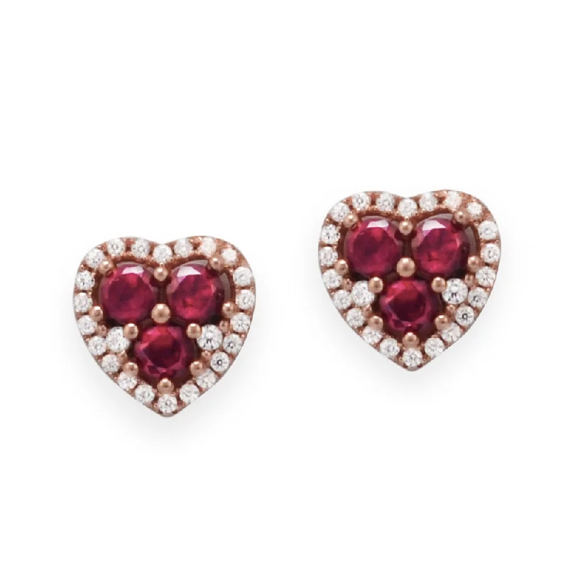 Rose gold earrings-Heart Stud Earrings with Clear and Red Cubic Zirconia Rose Gold-plated