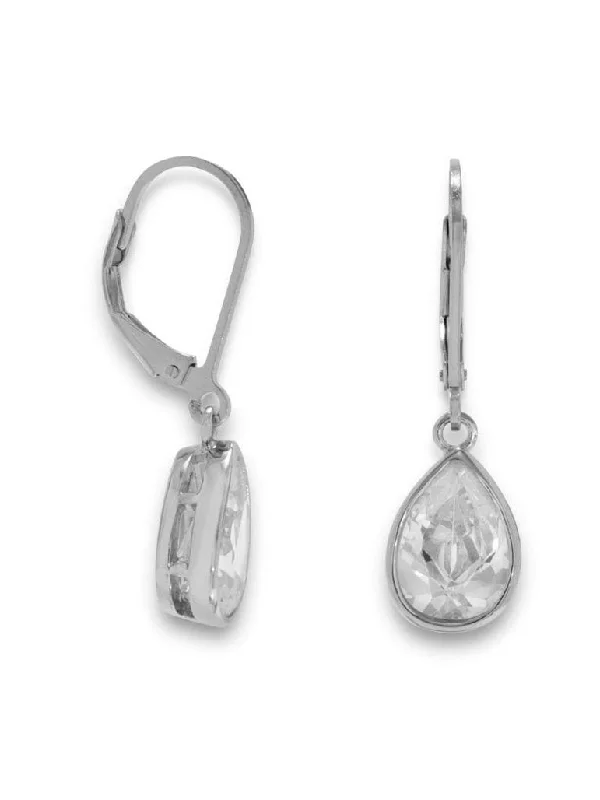 Polymer hoop earrings-Pear Teardrop Cubic Zirconia Earrings Rhodium Plated Sterling Silver Lever Back