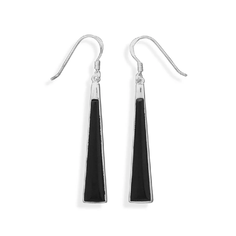 Coin charm earrings-Long Triangle Shape Black Onyx Earrings Sterling Silver