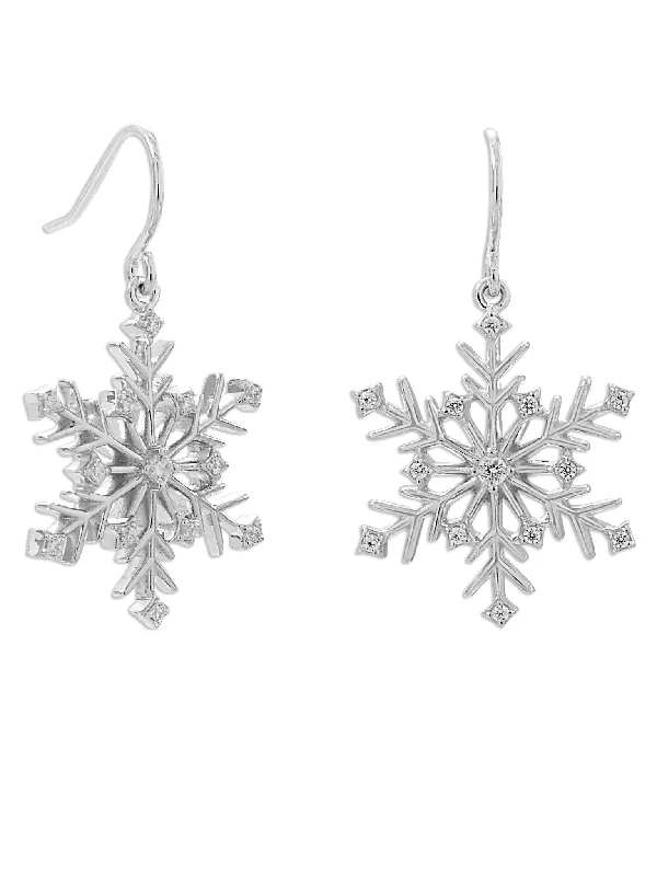 Asymmetrical earrings-Snowflake Dangle Earrings Cubic Zirconia Stones Rhodium on Sterling Silver