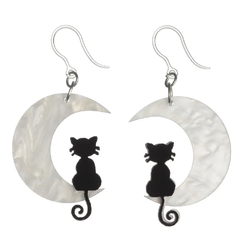 Lunar drop earrings-Exaggerated Moon Cat Dangles Hypoallergenic Earrings for Sensitive Ears Made with Plastic Posts