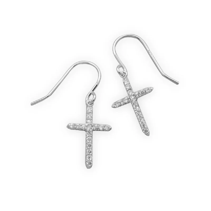 Tiny pearl earrings-Cross Earrings Dangle with Cubic Zirconia Rhodium on Sterling Silver - Nontarnish