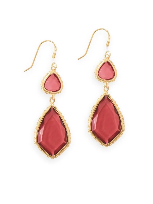 Tiered dangle earrings-Red Color Glass Double Drop Shape Drop Earrings Gold-plated Sterling Silver