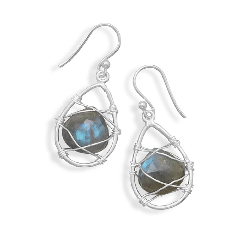 Oval stud earrings-Sterling Silver Labradorite Dangle Earrings with Wire Wrap