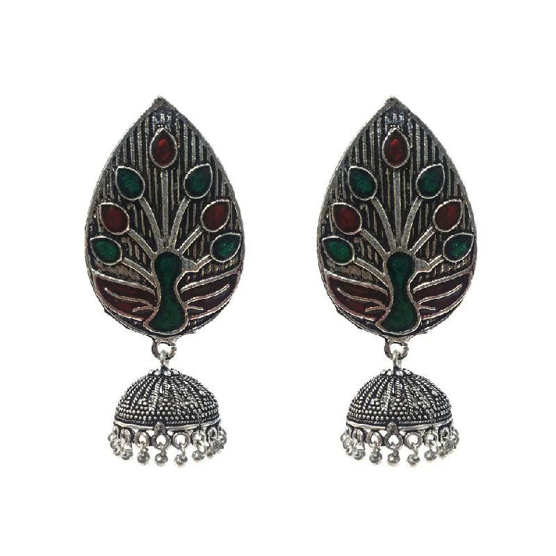 Floral drop earrings-Silver Oxidized with Jhumka earrings a  unique touch of enamelled work