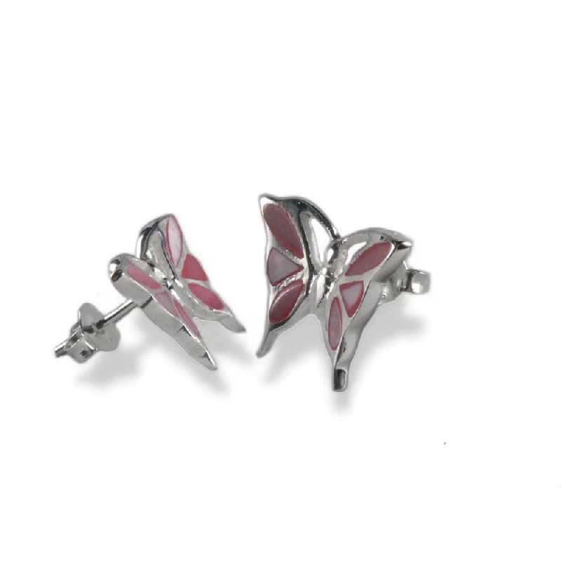 Boho fringe earrings-Pink Shell Inlay Butterfly Post Stud Earrings Sterling Silver