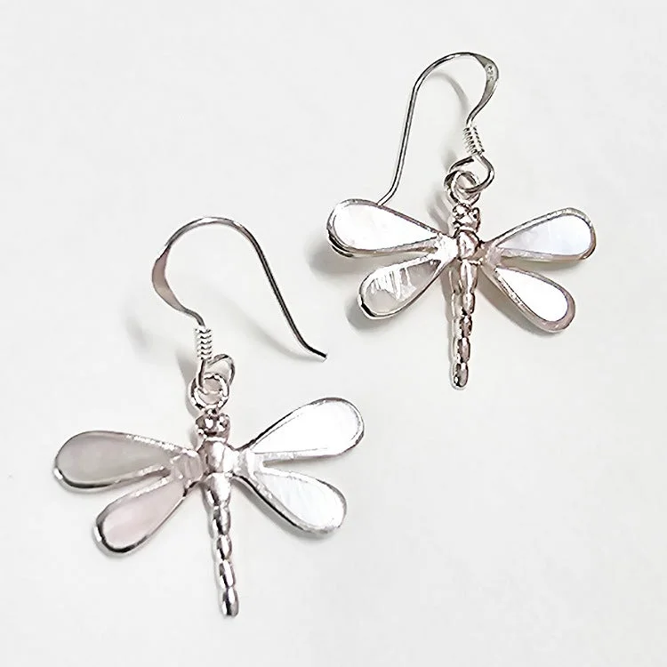 Dot accent earrings-SILVER MOTHER OF PEARL DRAGONFLY EARRINGS