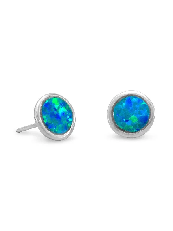 Painted detail earrings-Synthetic 7mm Blue Opal Stud Earrings Rhodium on Sterling Silver - Nontarnish