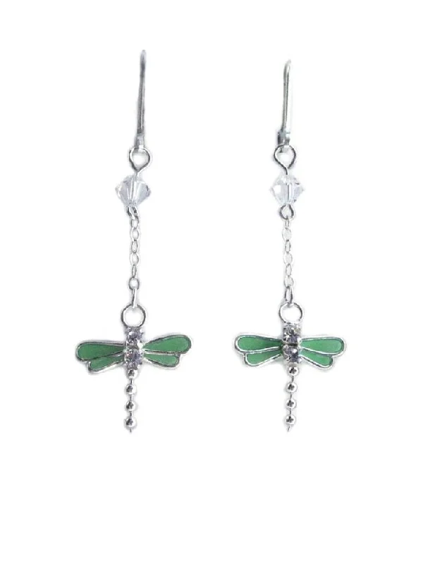 Mixed metal earrings-Green Dragonfly Dangle Earrings Made with Swarovski(R) Crystals - Tail Moves