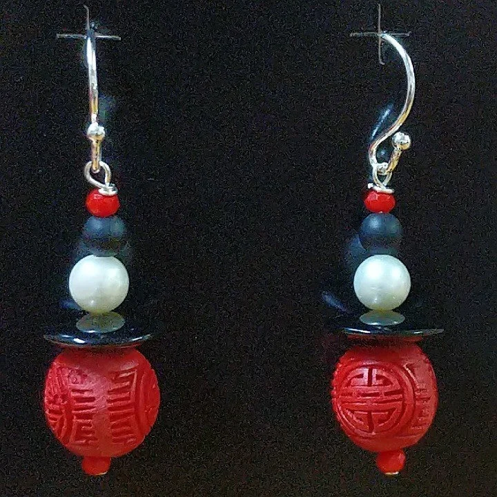 Opal drop earrings-EARRINGS ONYX PEARL RED CINNIBAR 925 HOOKS