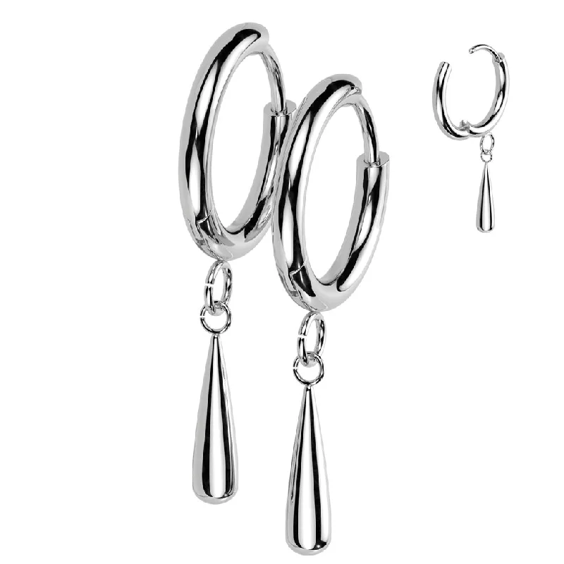 Threader style earrings-Titanium High Polish Hinged Hoop Earrings with Teardrop Dangle (1 pair) - TI-186