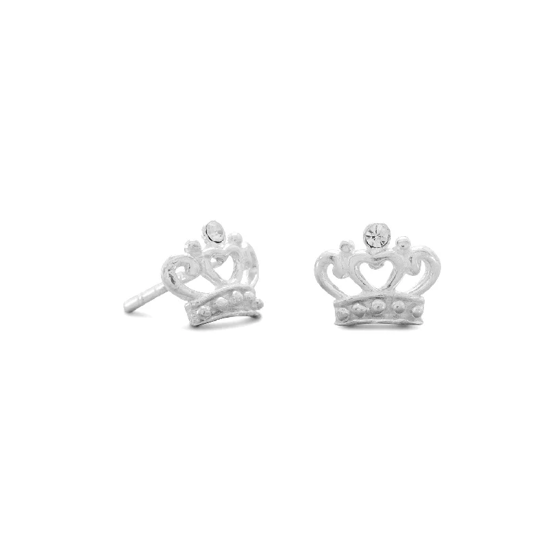 Organic shape earrings-Sterling Silver Crown Post Stud Earrings with Heart Design Crystal Accents