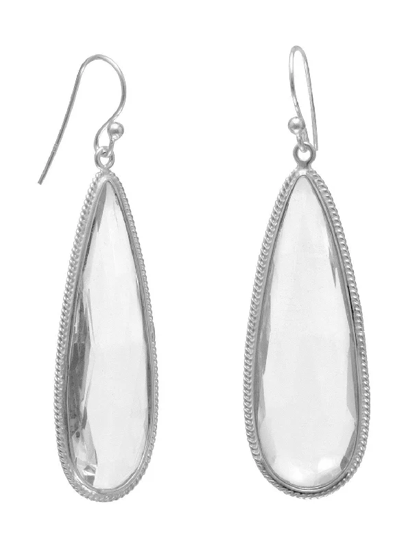 Gold stud earrings-Long Teardrop Shape Faceted Clear Crystal Quartz Earrings Sterling Silver