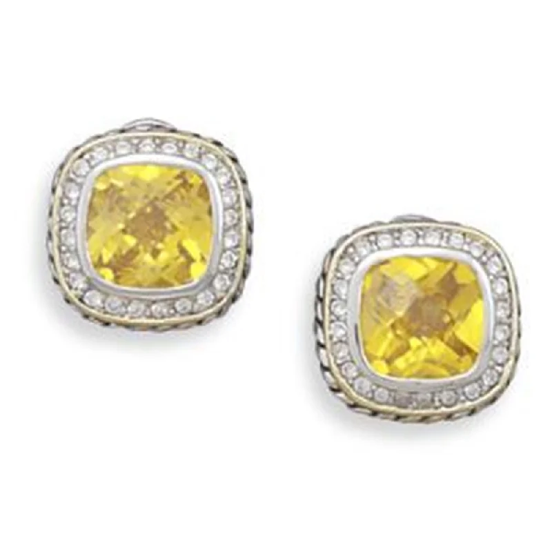 Pearl drop earrings-Yellow Cubic Zirconia Stud Post Earrings Gold-plated Sterling Silver