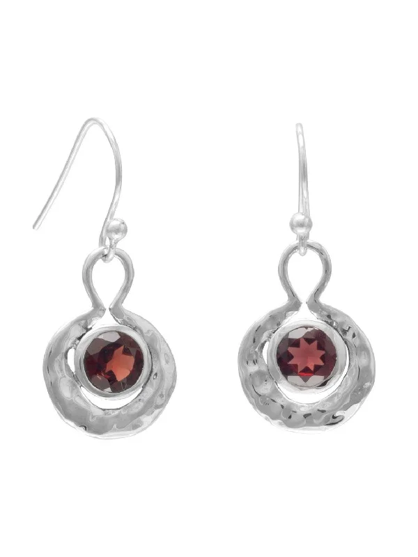 Bold cuff earrings-Red Round Garnet Earrings Hammered Sterling Silver