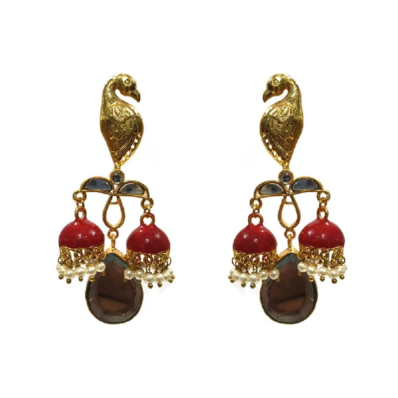 Oversized hoop earrings-Kundan and Meena Peacock earrings with double Jhumka Red Color