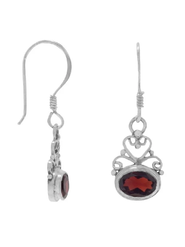 Beaded cluster earrings-East West Side Set Garnet Earrings Scroll Heart Design Sterling Silver