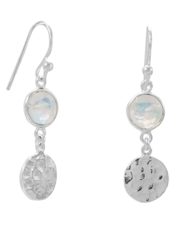 Sculpted hoop earrings-Rainbow Moonstone Earrings with Hammered Disk Drop Polished Sterling Silver