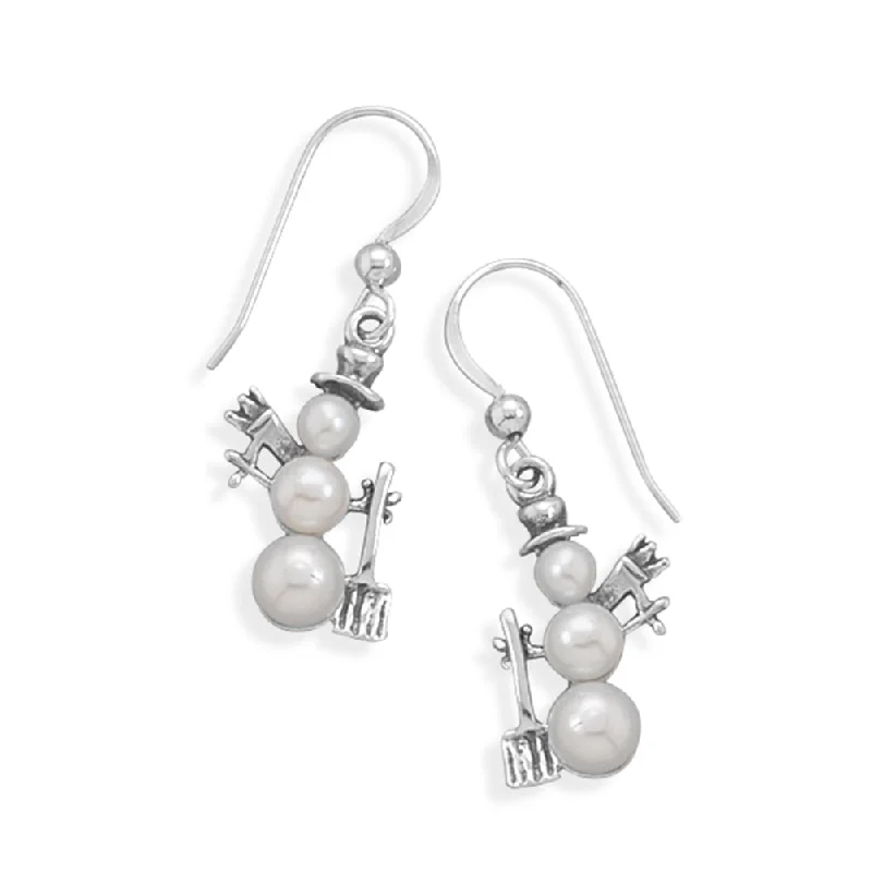 Painted detail earrings-Snowman Earrings with Shovel Winter Christmas Sterling Silver Cultured Freshwater Pearl