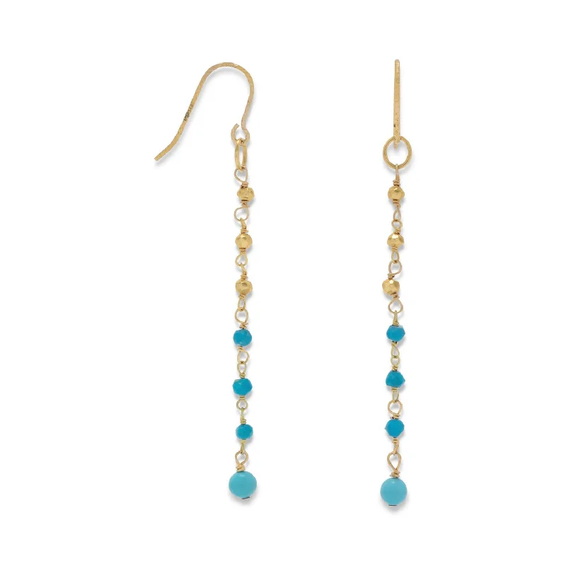 Minimalist bar earrings-Goldtone Chain Drop Earrings with Reconstituted Turquoise Bead Drops