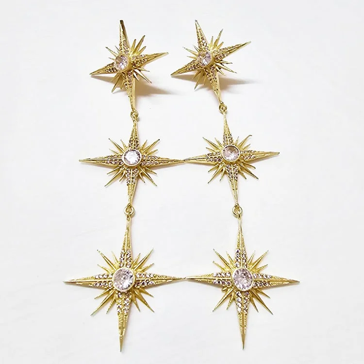 Dot accent earrings-EARRINGS CRYSTALS ON TRIPLE DROP GOLD EVENING STAR STUDS