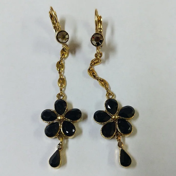 Painted detail earrings-EARRINGS BLACK CRYSTAL DROP FLORAL