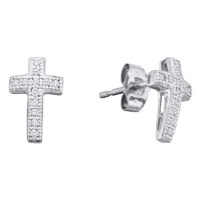 Nautical drop earrings-Sterling Silver  Round Diamond Cross Faith Stud Earrings 1/10 ctw