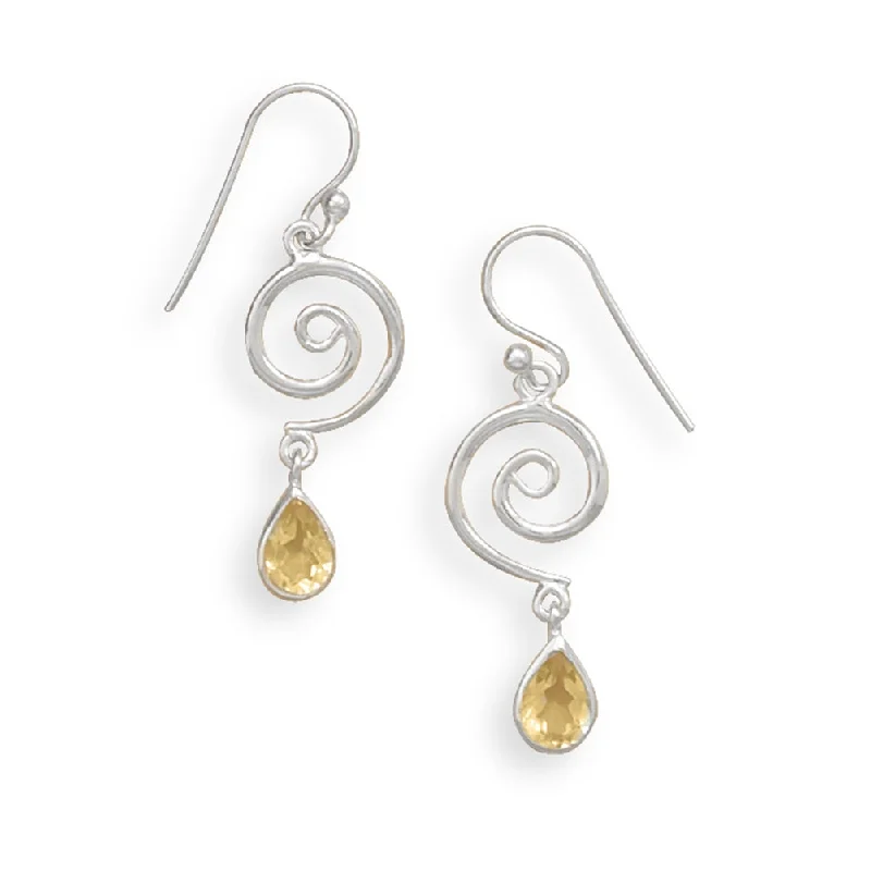 Cluster gem earrings-Yellow Citrine Swirl Coil Design Sterling Silver Drop Earrings