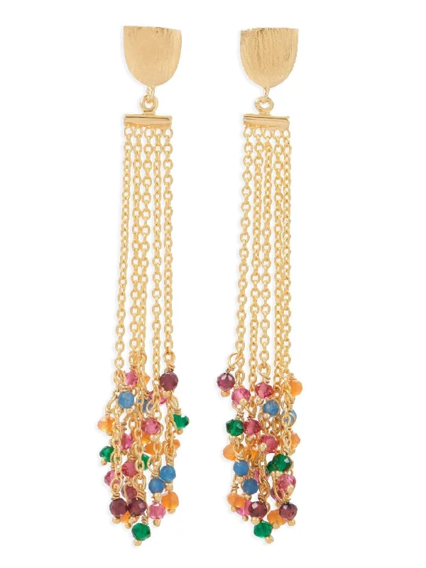 Deco design earrings-Multiple Chain Dangle Earrings with Multicolor Bead Drops