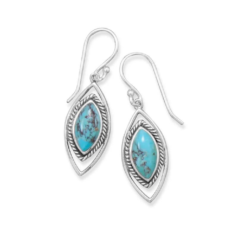 Quartz charm earrings-Sterling Silver Reconstituted Turquoise Earrings Marquise Shape Rope Frame