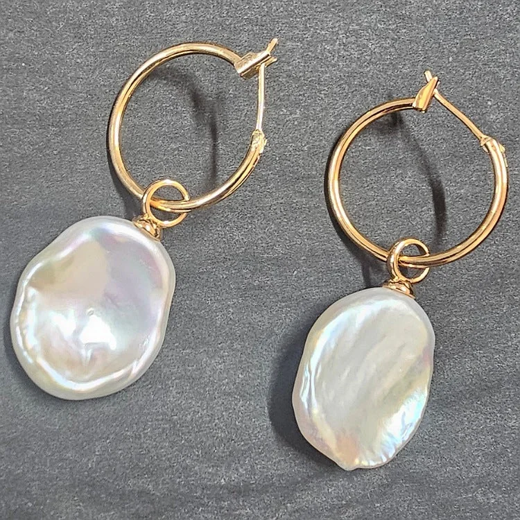 Citrine gem earrings-MOKO EARRINGS 18CT GOLD PLATED HOOP WITH NATURAL PEARL