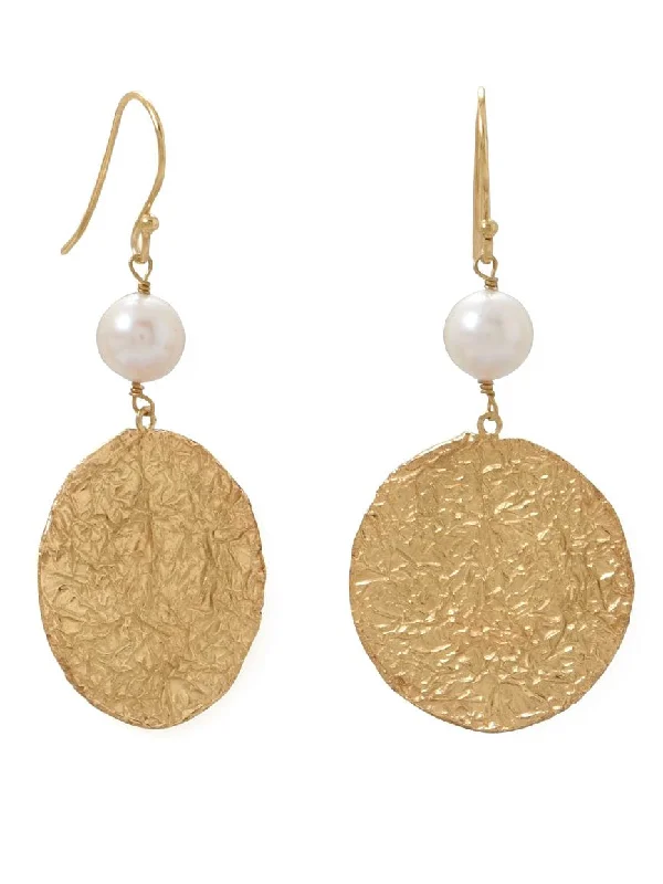 Fringe bead earrings-Cultured Freshwater Pearl Earrings with Disk Drop Gold-plated Sterling Silver