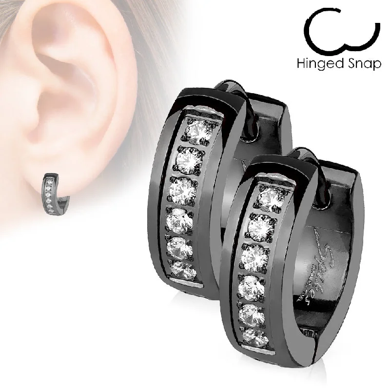 Retro charm earrings-Black Jewelled Hinged Hoop/Huggie Earrings (1 pair) - E509A