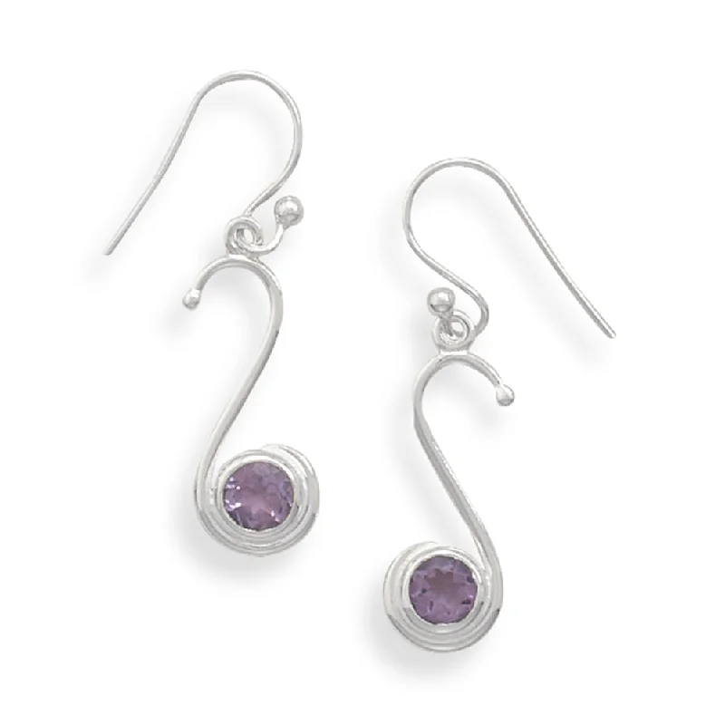 Linear dangle earrings-Amethyst Earrings Round with S shaped Sterling Silver