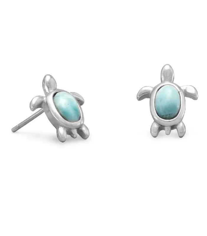 Tiered dangle earrings-Larimar Turtle Post Stud Earrings Sterling Silver Atlantis Stone