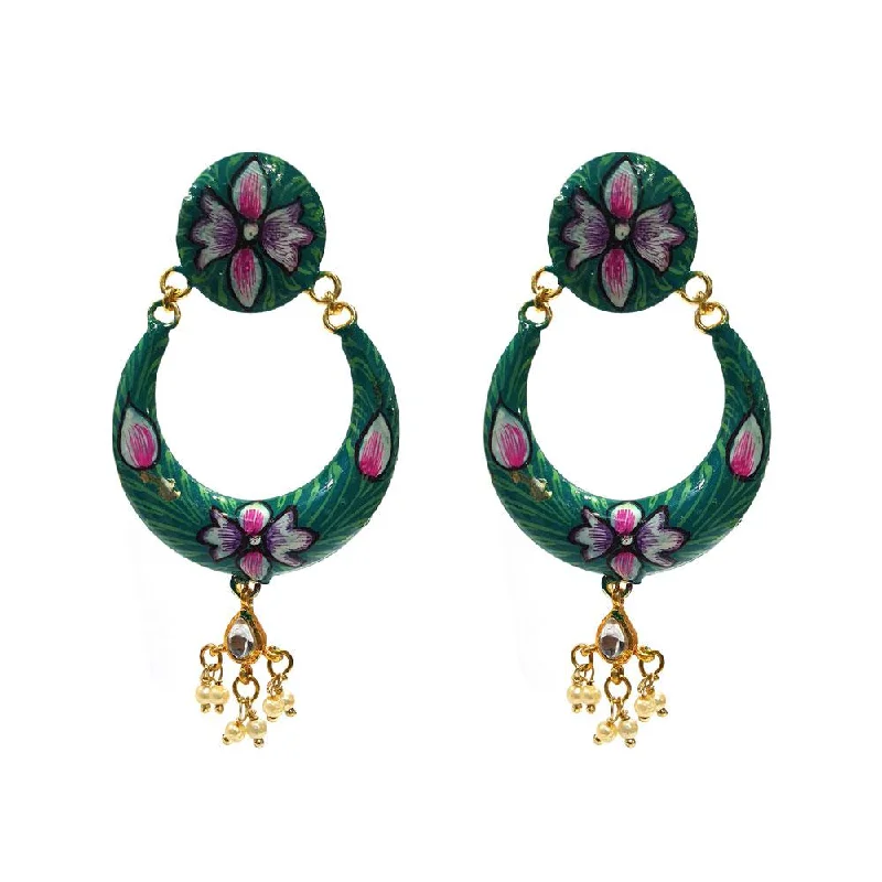 Cluster gem earrings-Meenakari Handworked earring with with Kunan hanging decoration Green Color