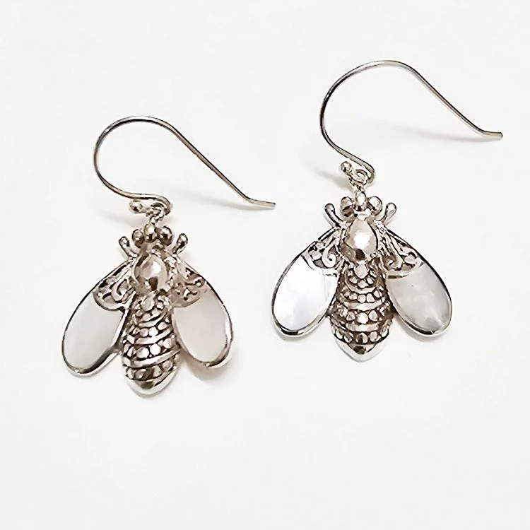 Vintage style earrings-SILVER MOTHER OF PEARL BEE EARRINGS